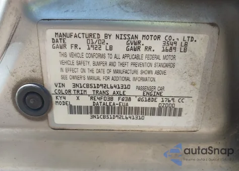 2002 Nissan Sentra Gxe z USA, uszkodzony, nr VIN 3N1CB51D92L641310